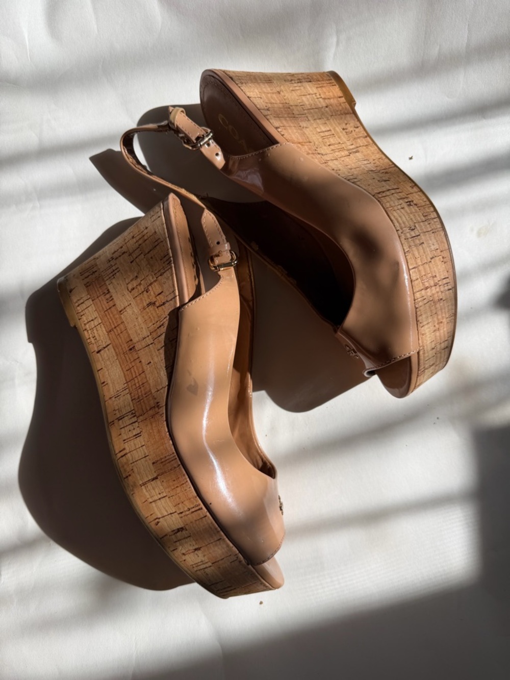 Coach Nude/Tan Peep-Toe Leather wedges with Logo Accent - Picture 4 of 10